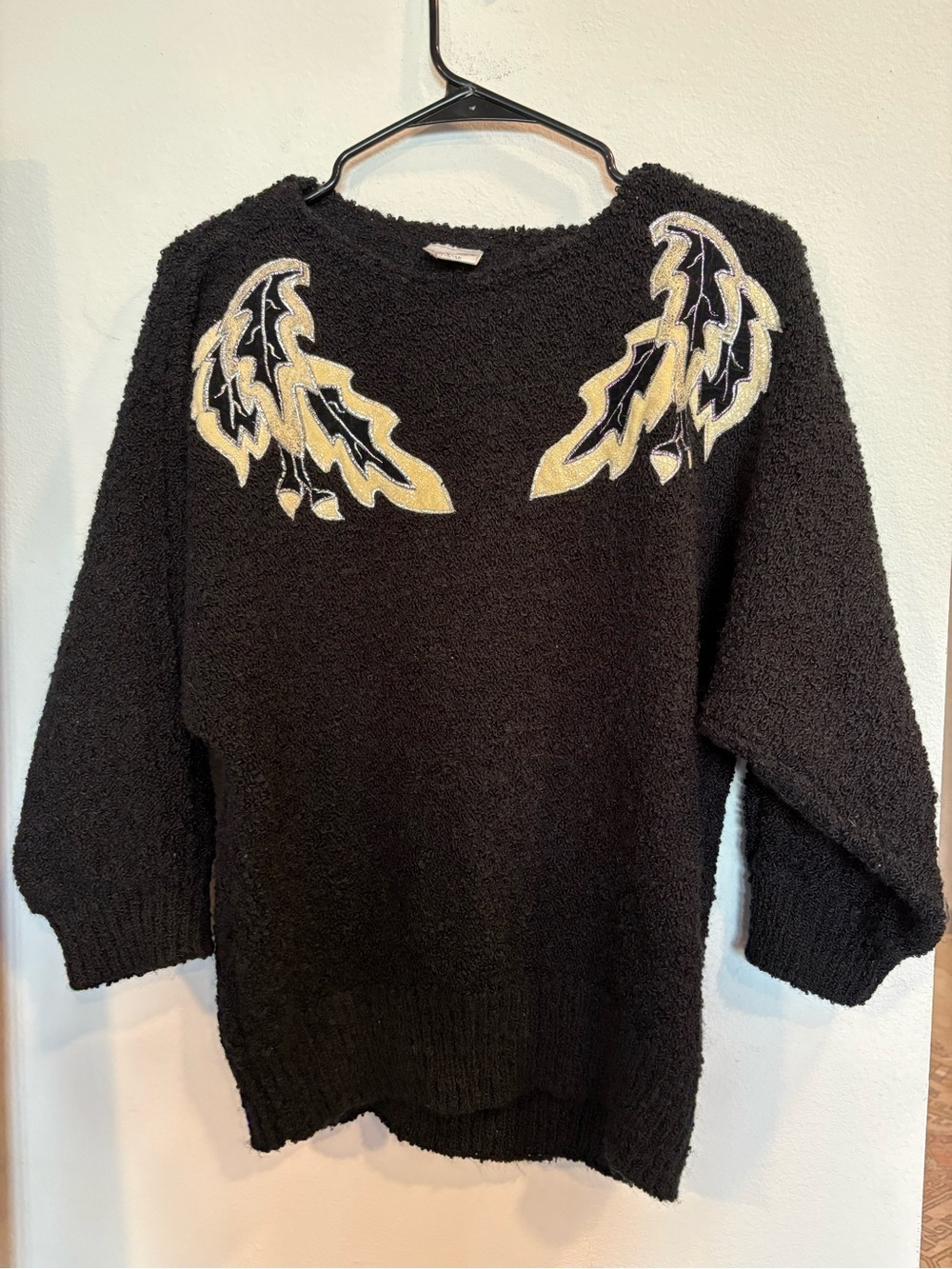 Vintage 80s Black Fuzzy Knit Sweater Gold Metallic Leaf Sequin Appliqué
